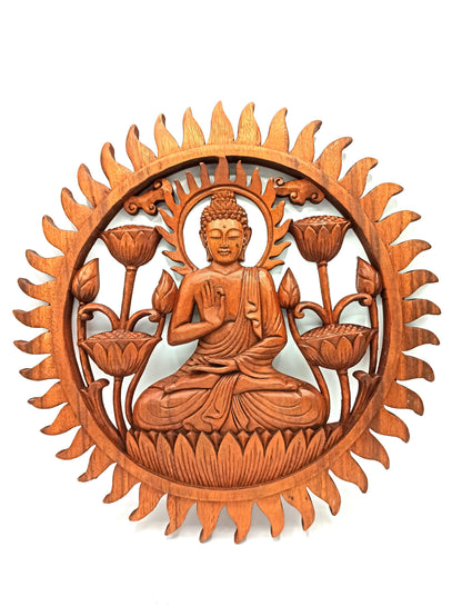 Buddha & Lotus Holzpaneel 40cm mit filigranem Design