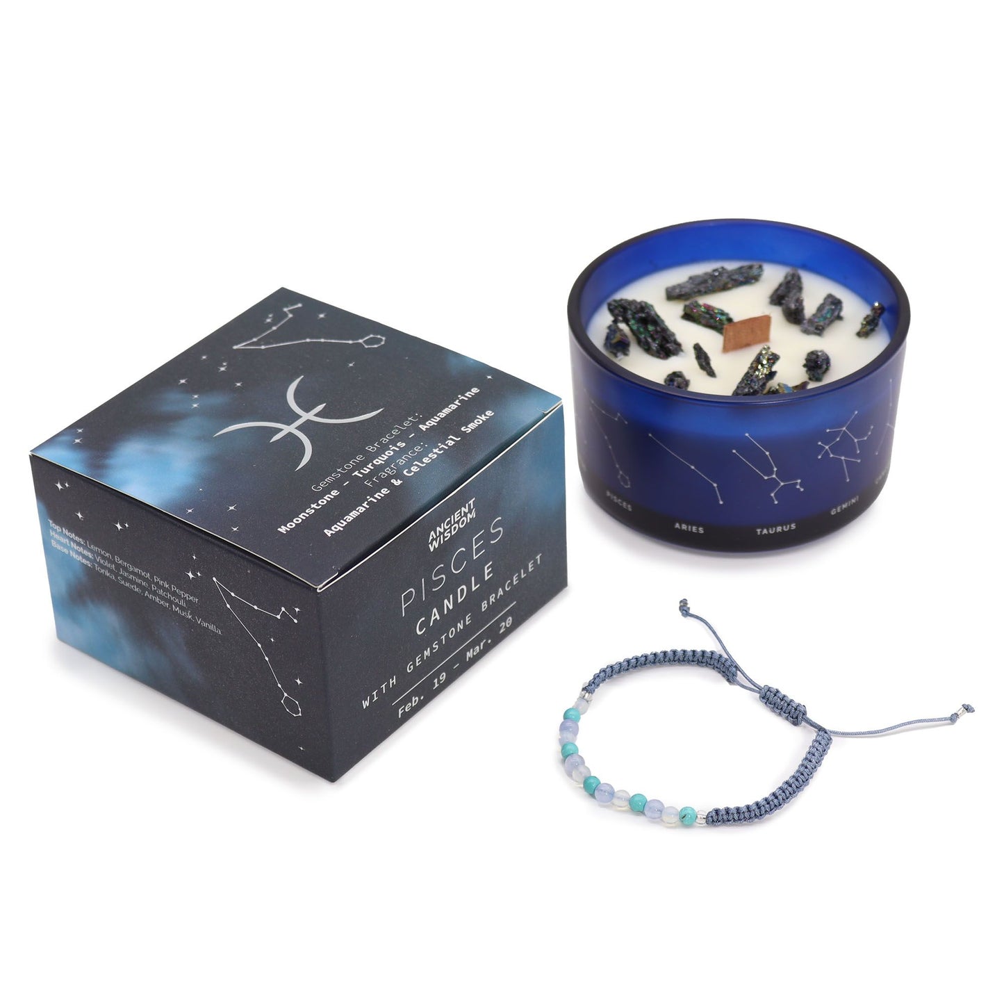 Zodiac Crystal Candle mit Edelsteinarmband – Fische