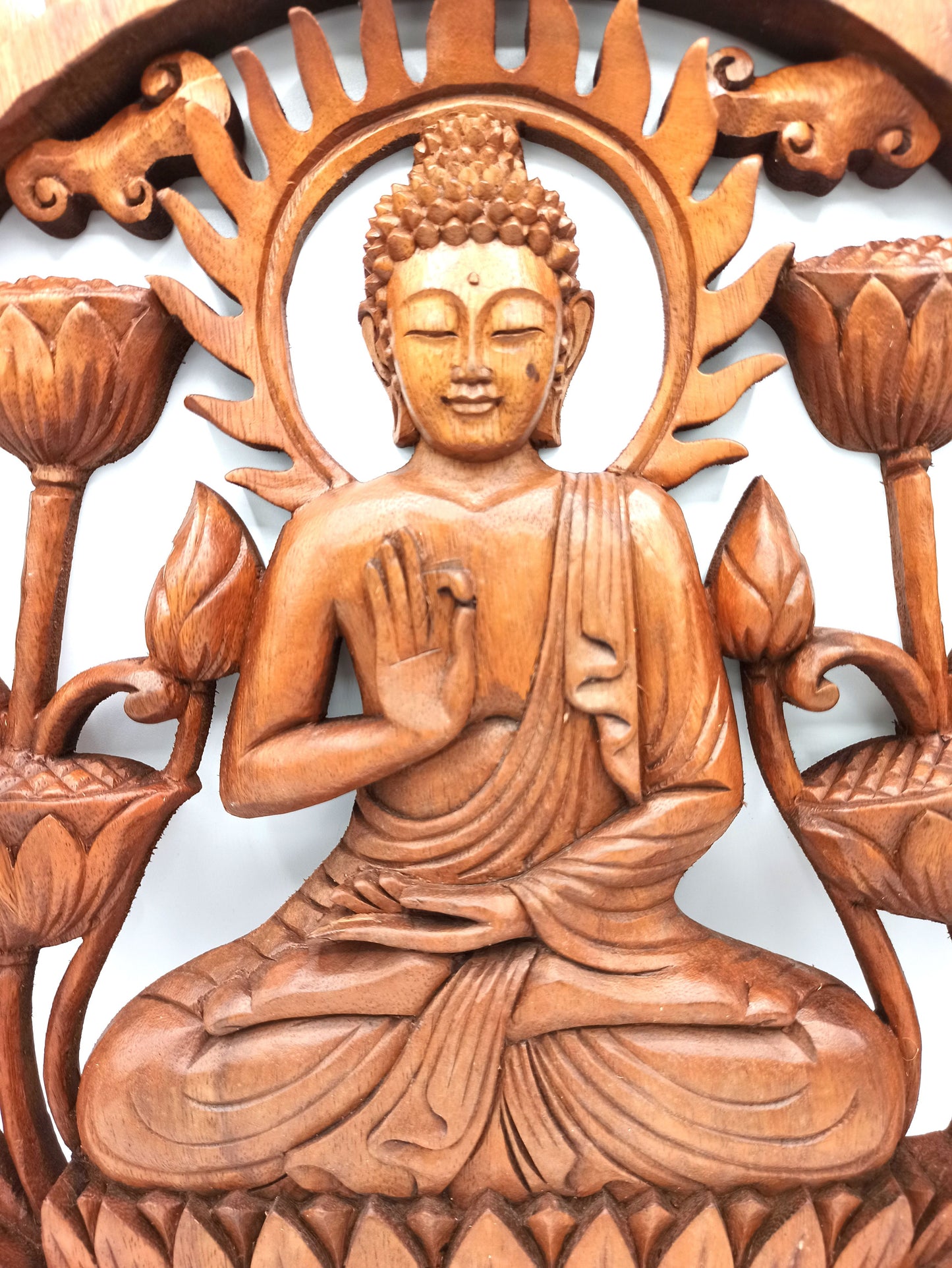 Buddha & Lotus Holzpaneel 40cm mit filigranem Design