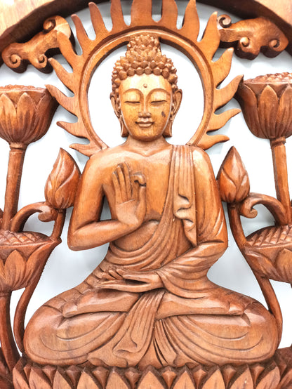 Buddha & Lotus Holzpaneel 40cm mit filigranem Design