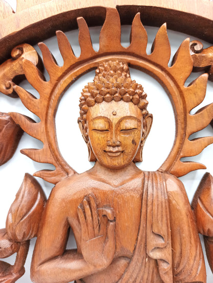 Buddha & Lotus Holzpaneel 40cm mit filigranem Design