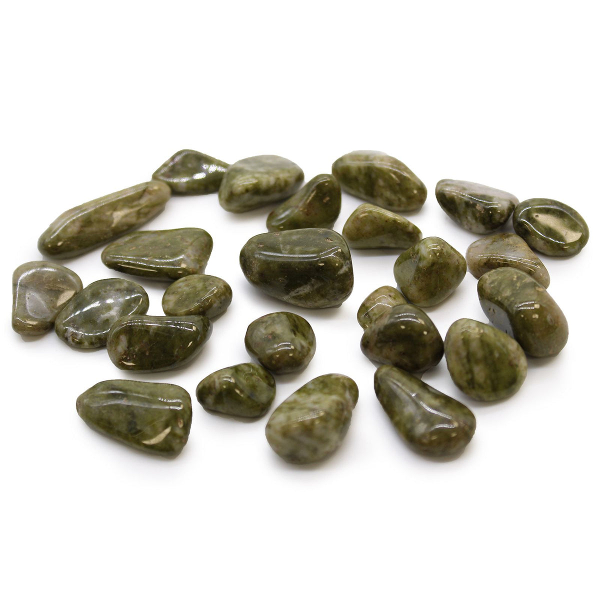 24 kleine afrikanische Trommelsteine aus Epidote Snowflake