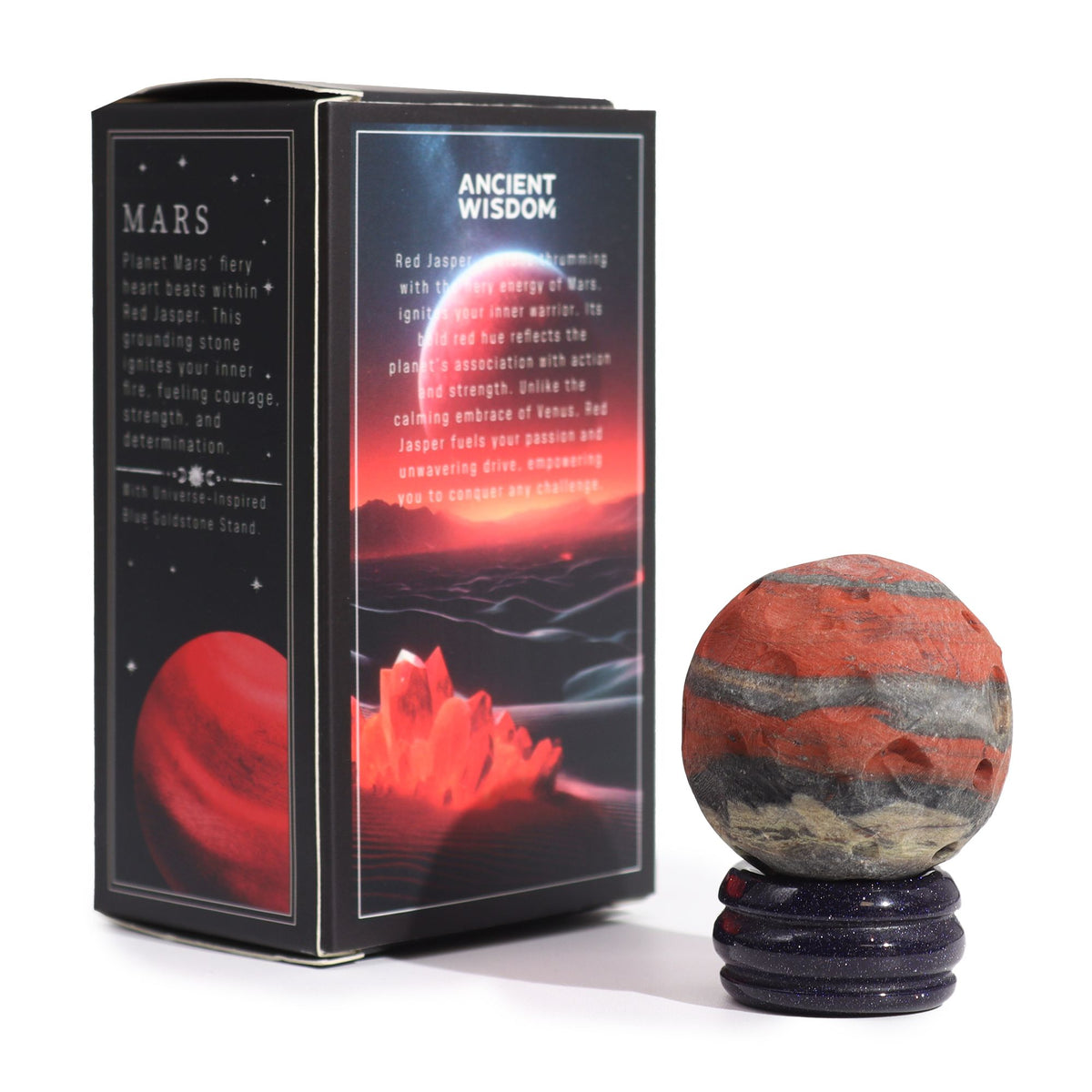Roter Jaspis Planet auf einem Sola Goldstone Ständer - Mars