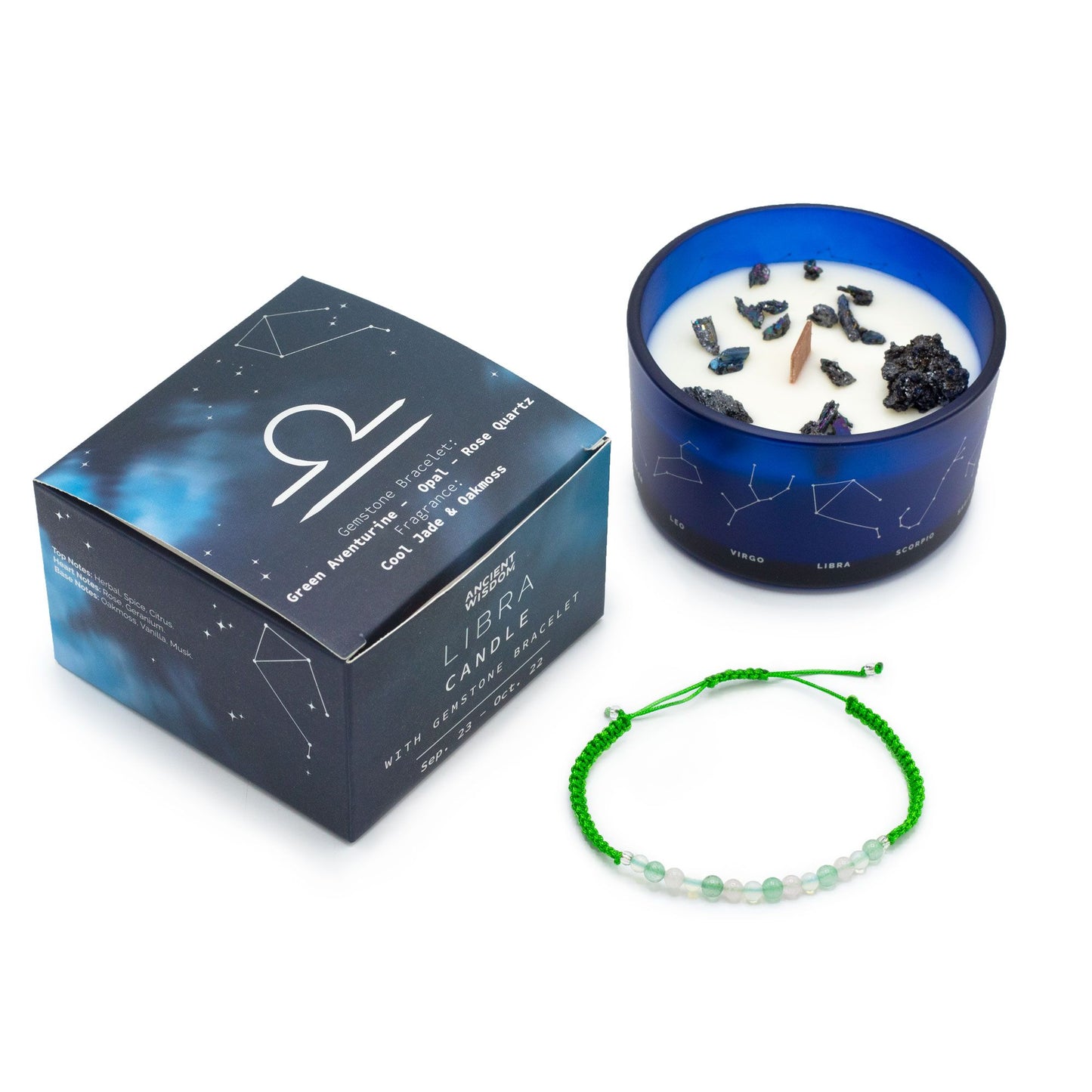 Zodiac Crystal Kerze mit Edelsteinarmband – Waage