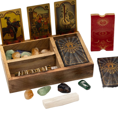 Mango-Holzbox mit mehreren Fächern für Tarot und Rituale