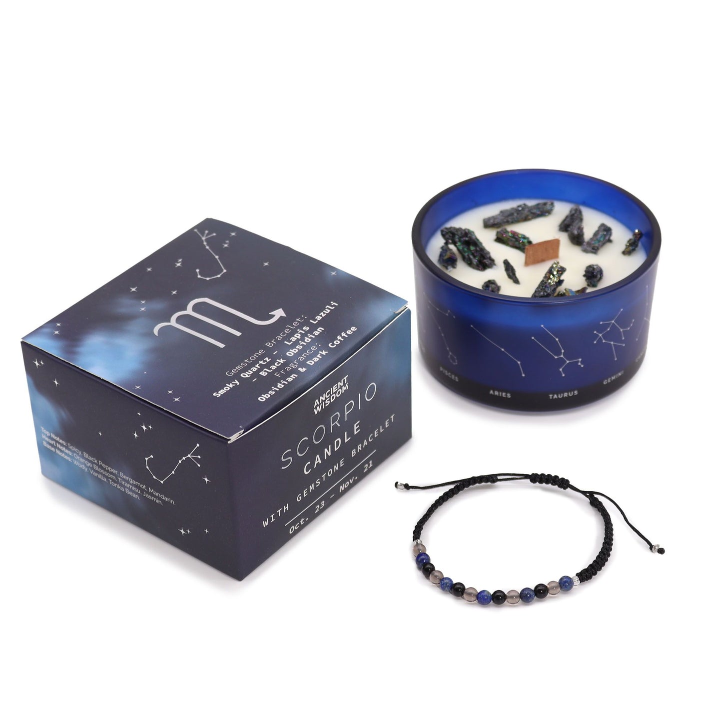 Zodiac Crystal Kerze mit Edelsteinarmband – Skorpion