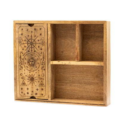 Spirituell gravierte Tarotbox im breiteren Format mit 4 Fächern