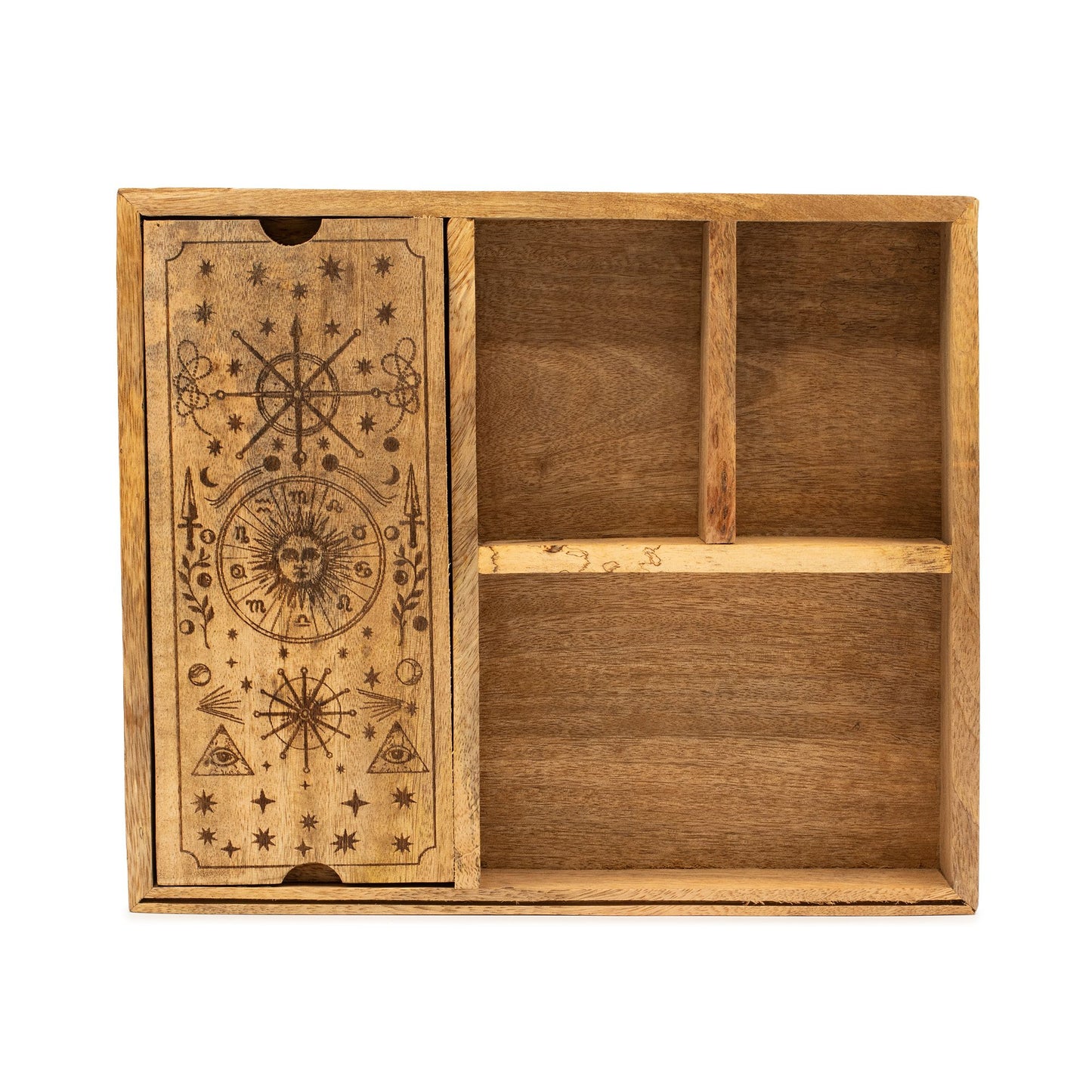 Spirituell gravierte Tarotbox im breiteren Format mit 4 Fächern