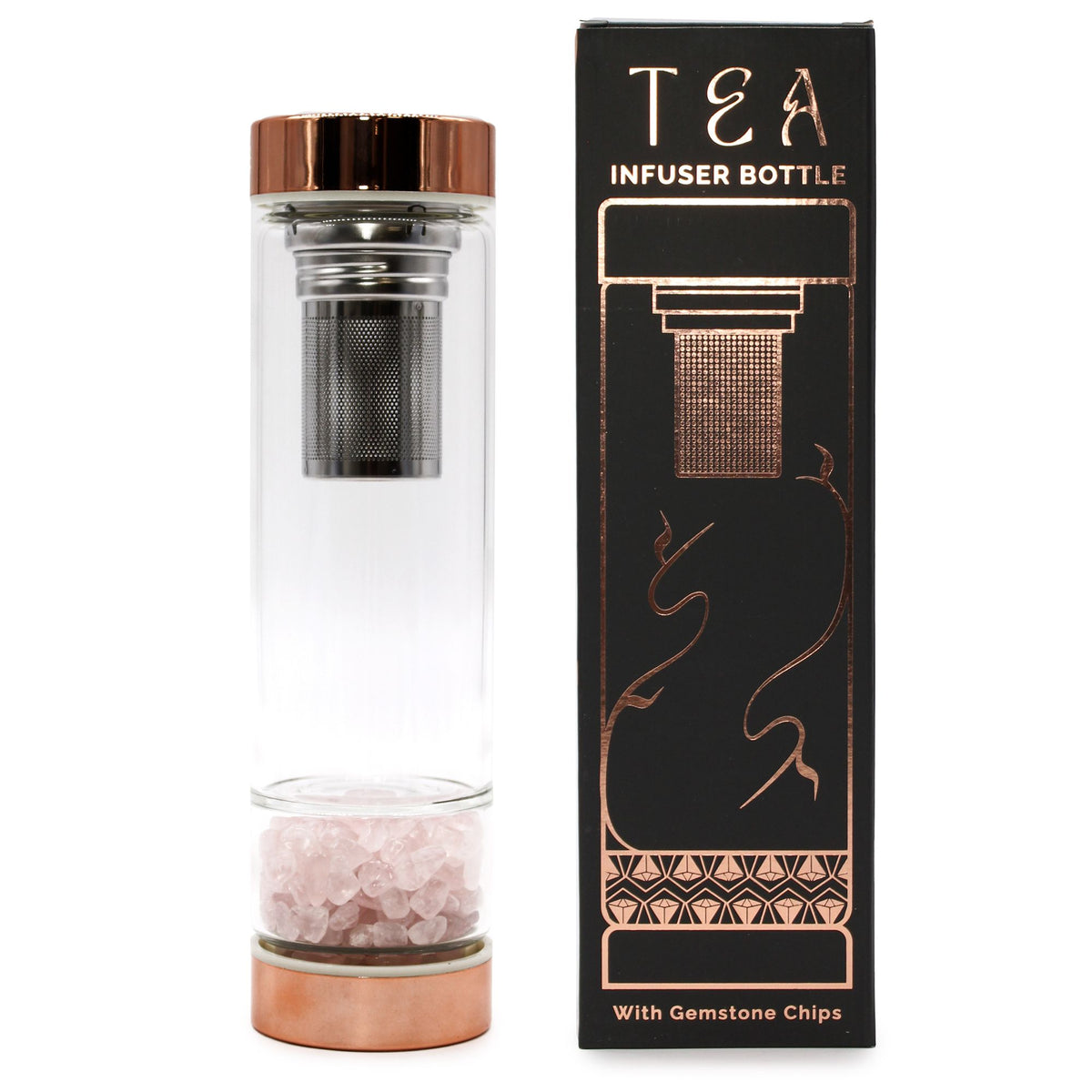 Trinkflasche aus Glas mit Siebeinsatz, 500 ml, mit Rosenquarz