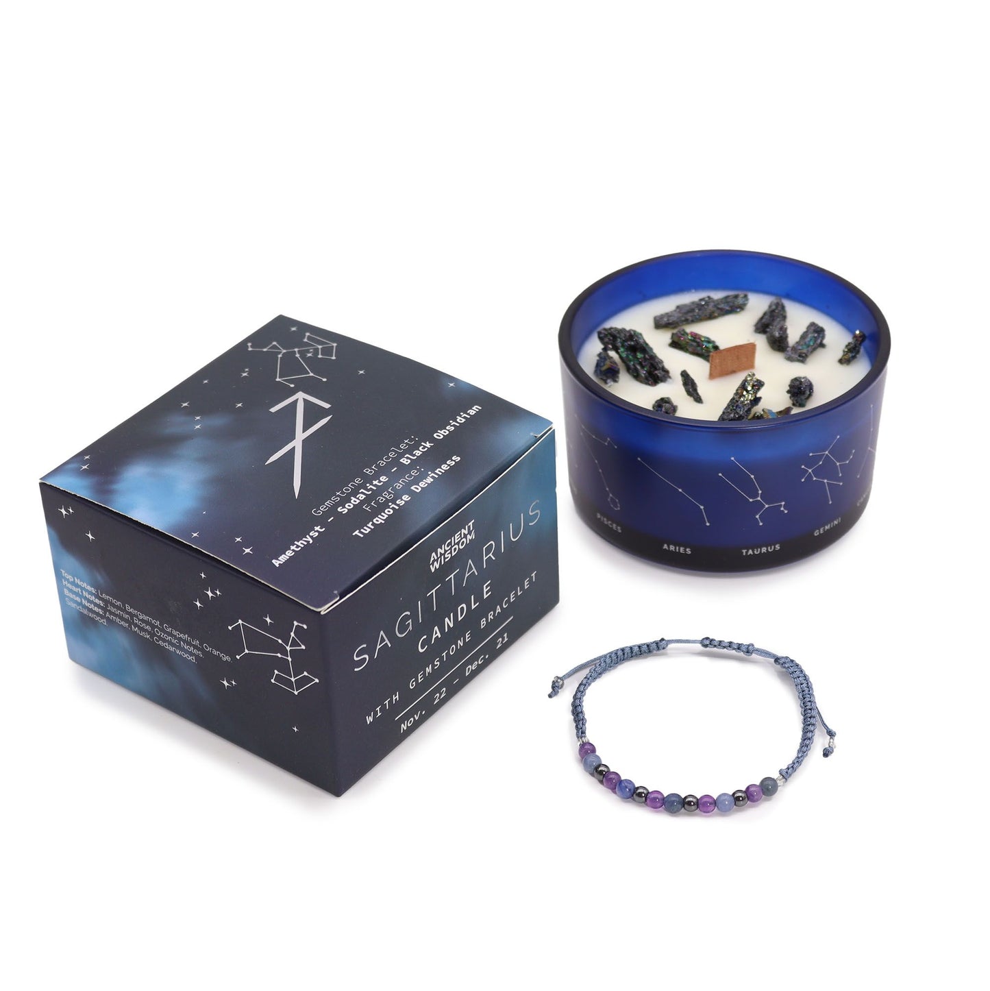 Zodiac Crystal Kerze mit Edelsteinarmband – Schütze