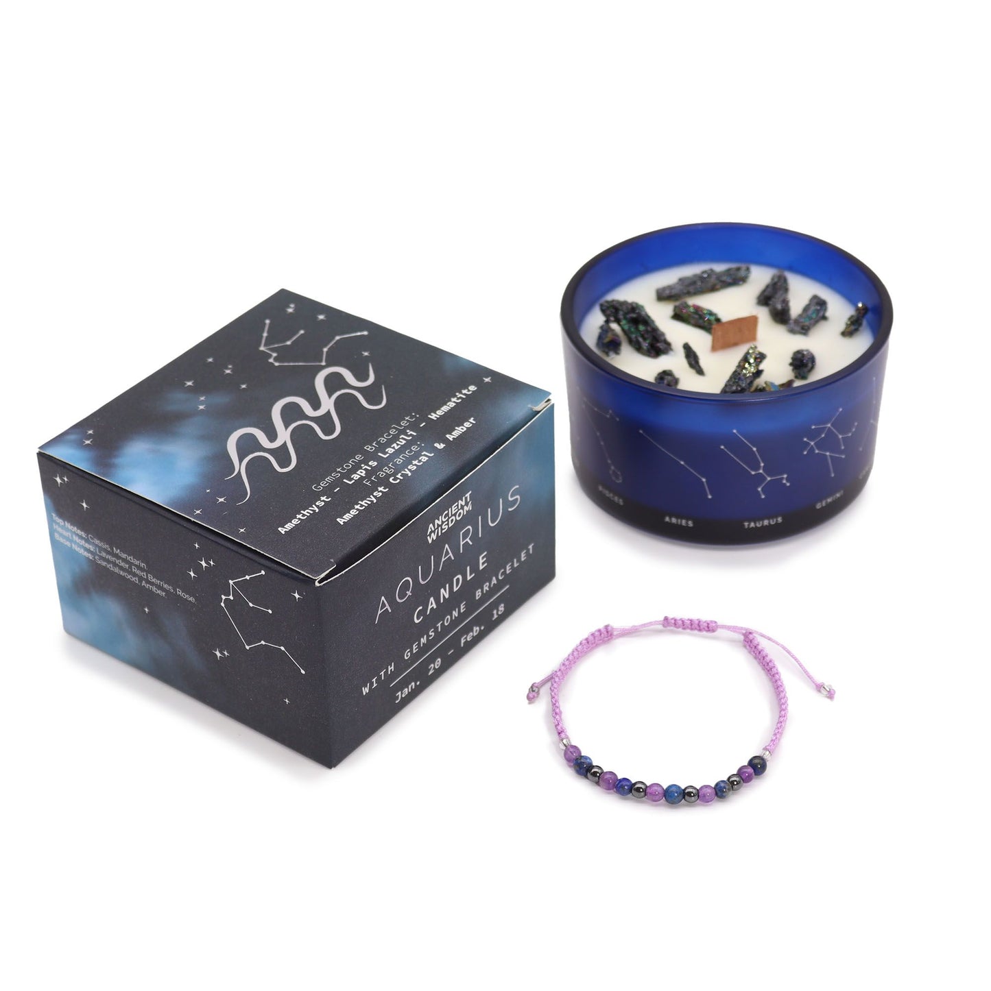 Zodiac Crystal Candle mit Edelsteinarmband – Wassermann