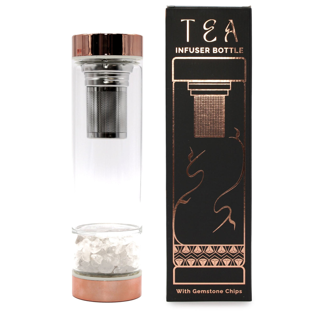 Trinkflasche aus Glas mit Siebeinsatz, 500 ml, mit Bergquarz