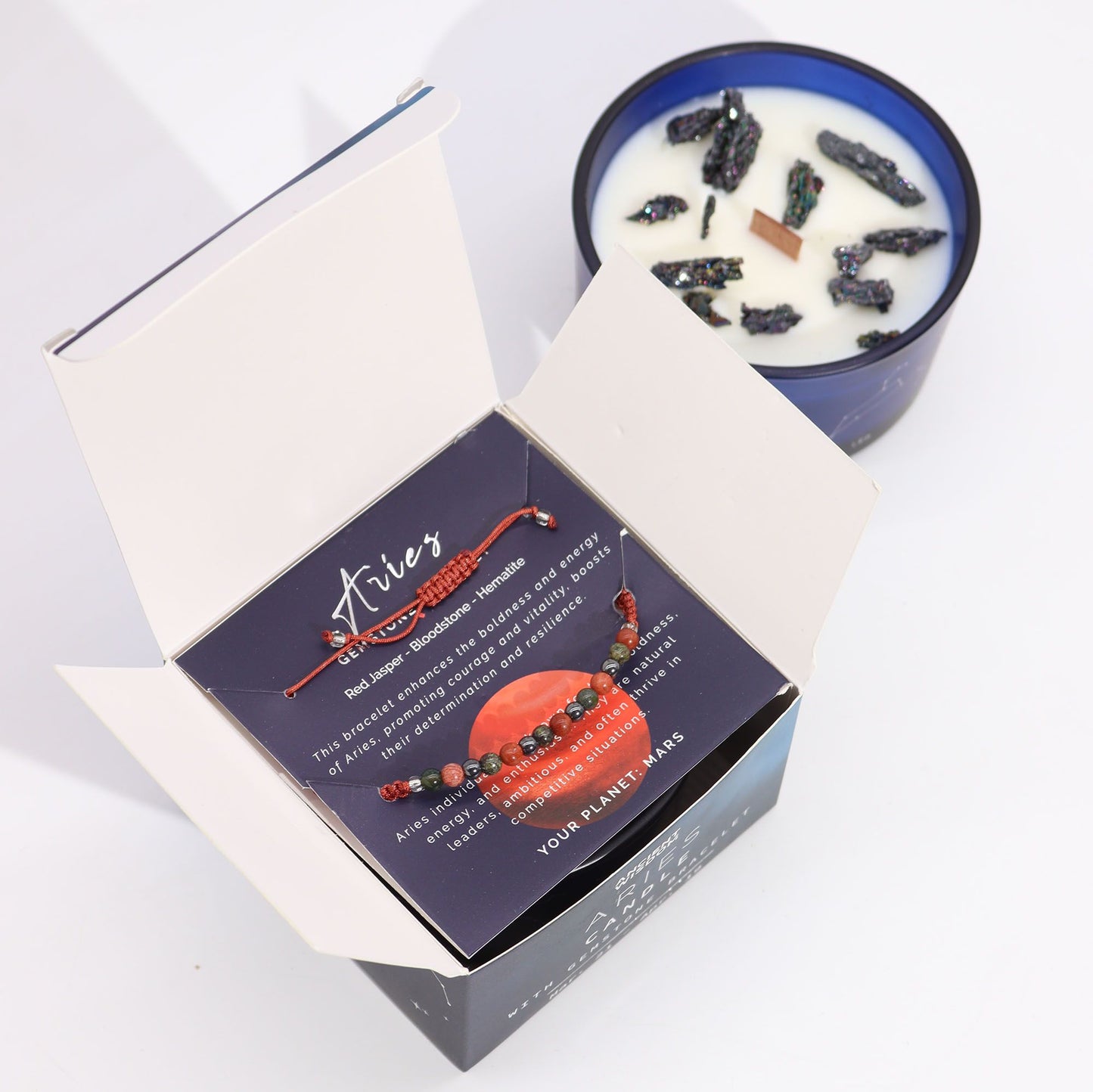 Zodiac Crystal Kerze mit Edelsteinarmband – Widder