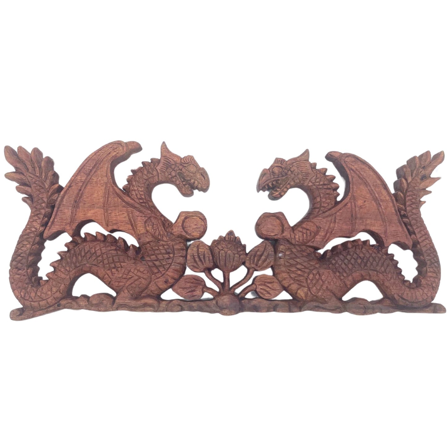 Holzrelief mit zwei gegenüberstehenden Drachen, 40x15cm