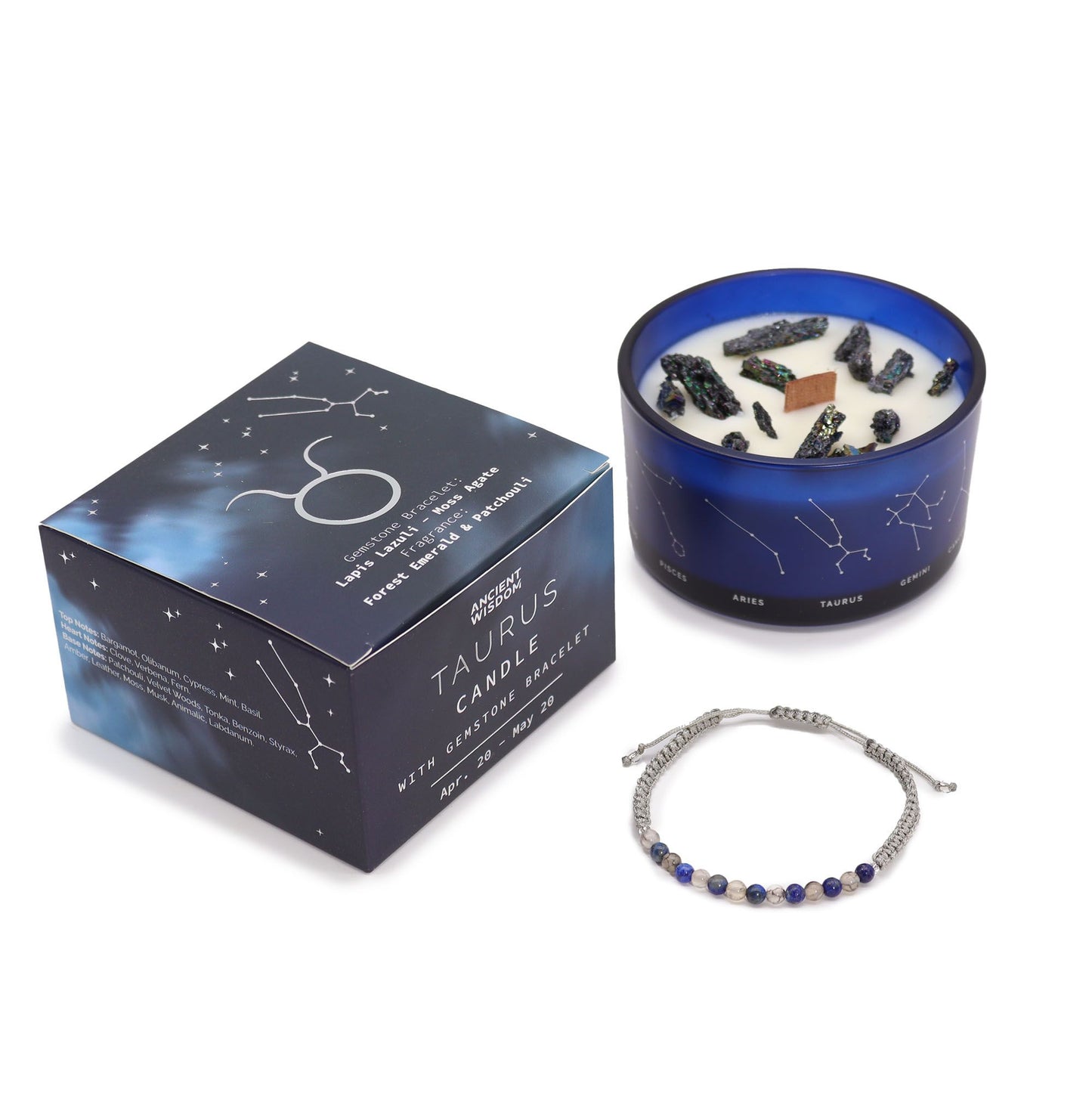 Zodiac Crystal Candle mit Edelsteinarmband – Stier