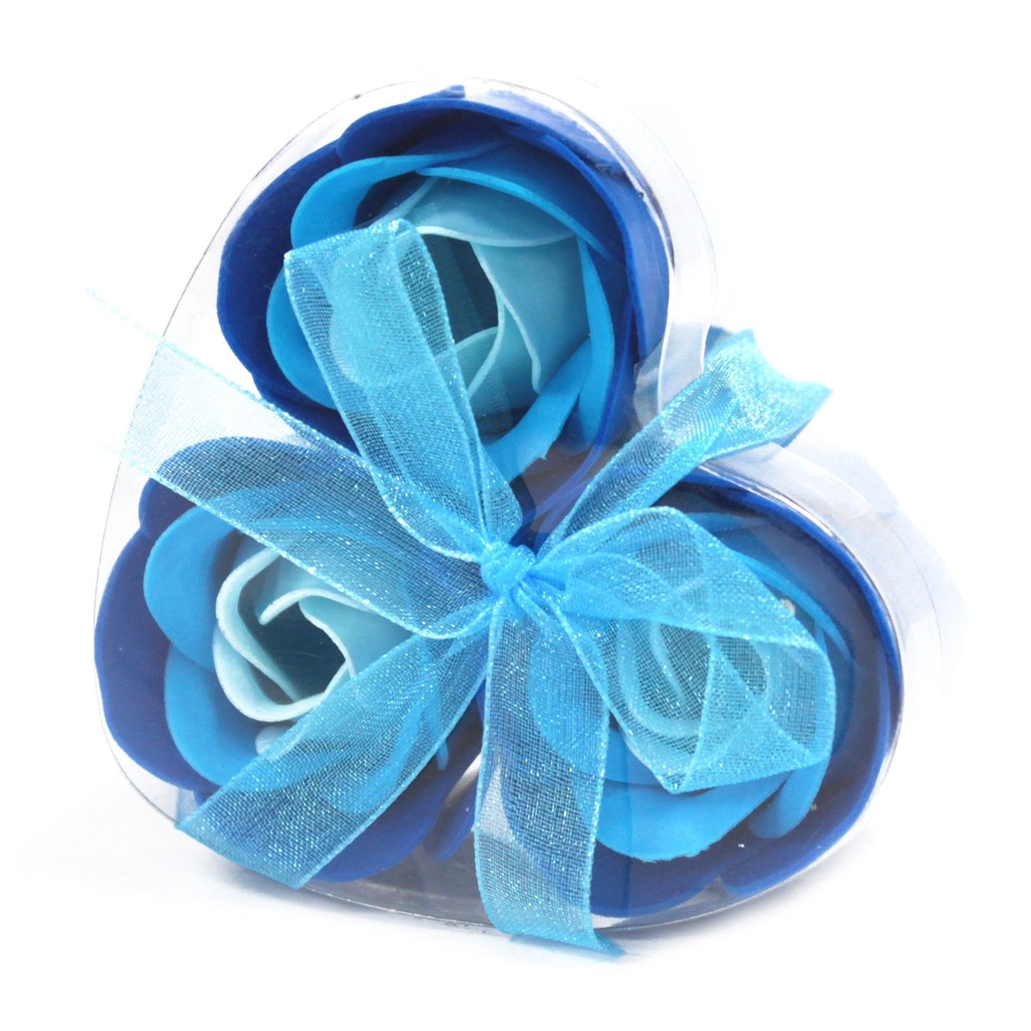 3er-Set Seifenblumen-Herzboxen – Blaue Hochzeitsrosen