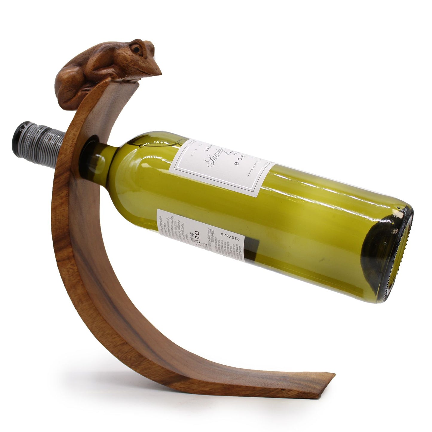 Weinflaschenhalter Frosch, handgefertigt aus Suar-Holz
