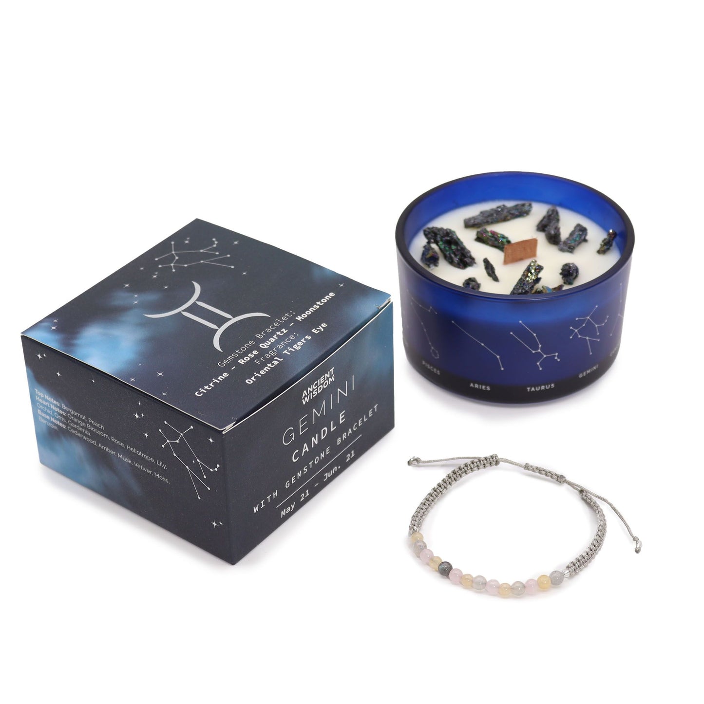 Zodiac Crystal Kerze mit Edelsteinarmband – Zwillinge