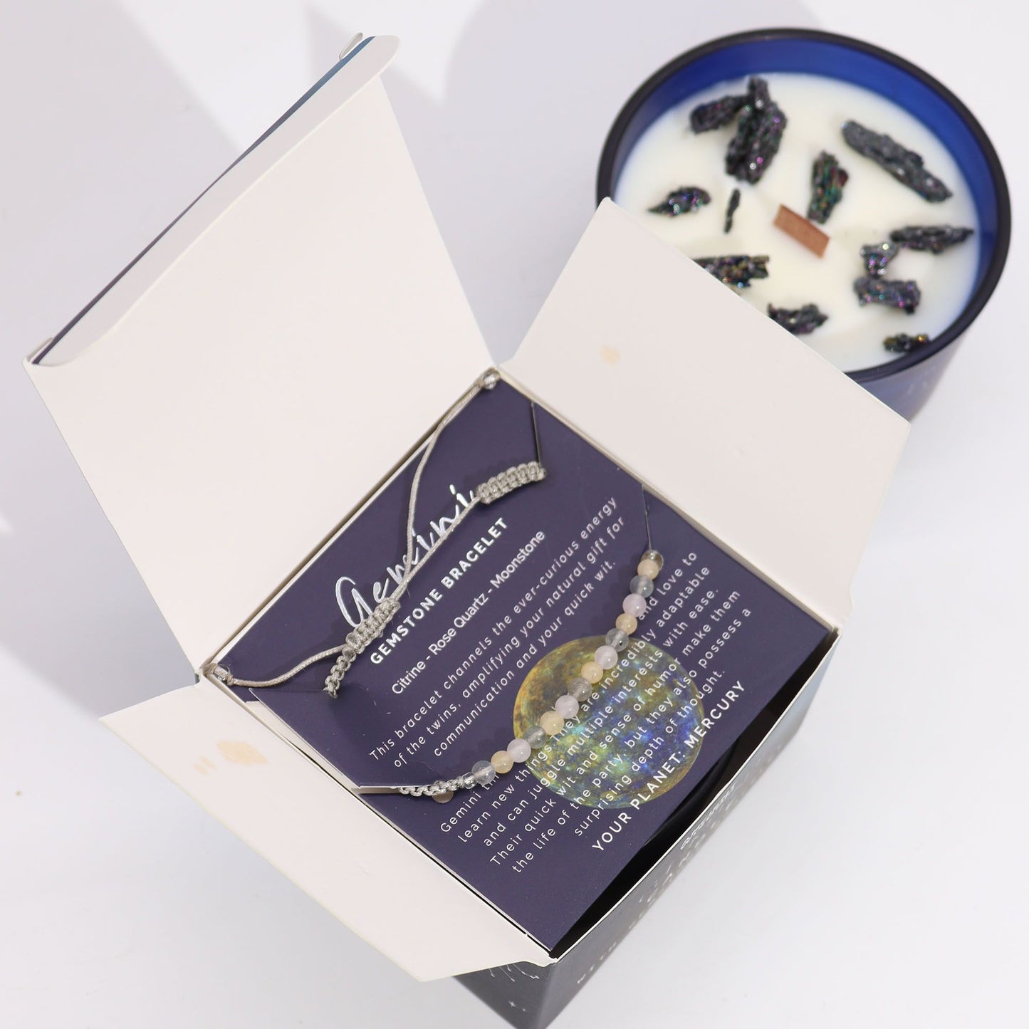 Zodiac Crystal Kerze mit Edelsteinarmband – Zwillinge