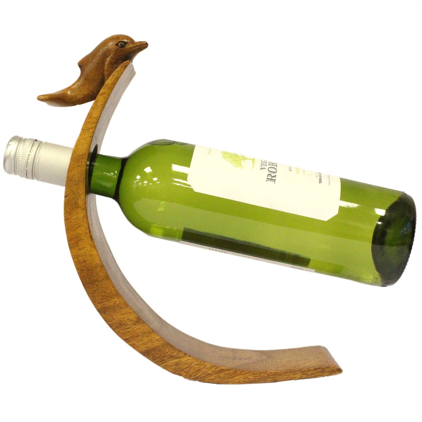 Weinflaschenhalter Delfin, handgefertigt aus Suar-Holz