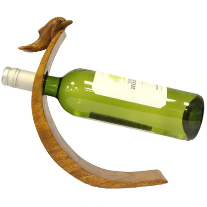 Weinflaschenhalter Delfin, handgefertigt aus Suar-Holz