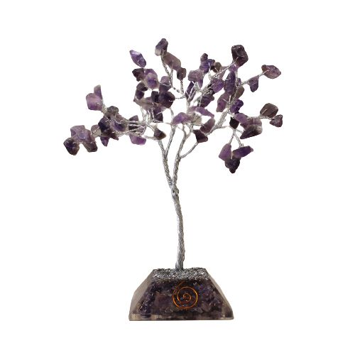 Edelsteinbaum mit Organite-Basis und Amethyst-Steinen