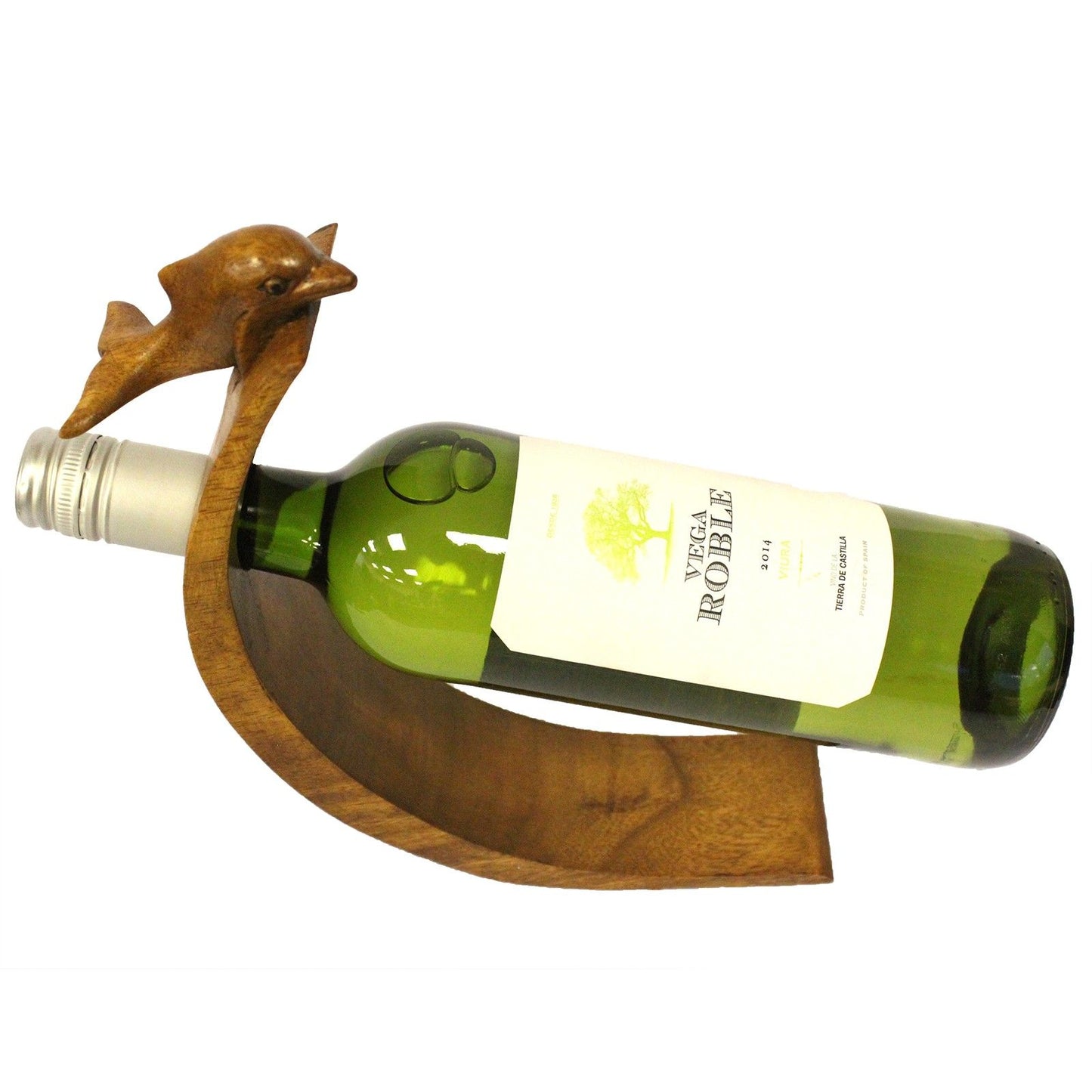 Weinflaschenhalter Delfin, handgefertigt aus Suar-Holz