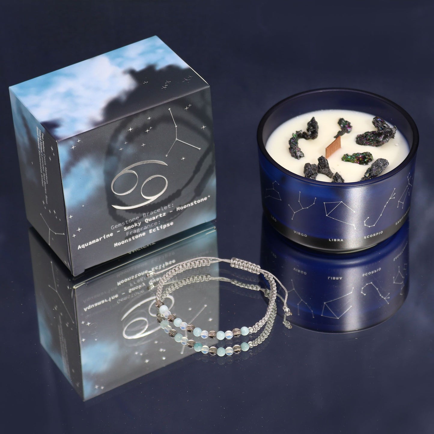 Zodiac Crystal Kerze mit Edelsteinarmband – Krebs Sternzeichen