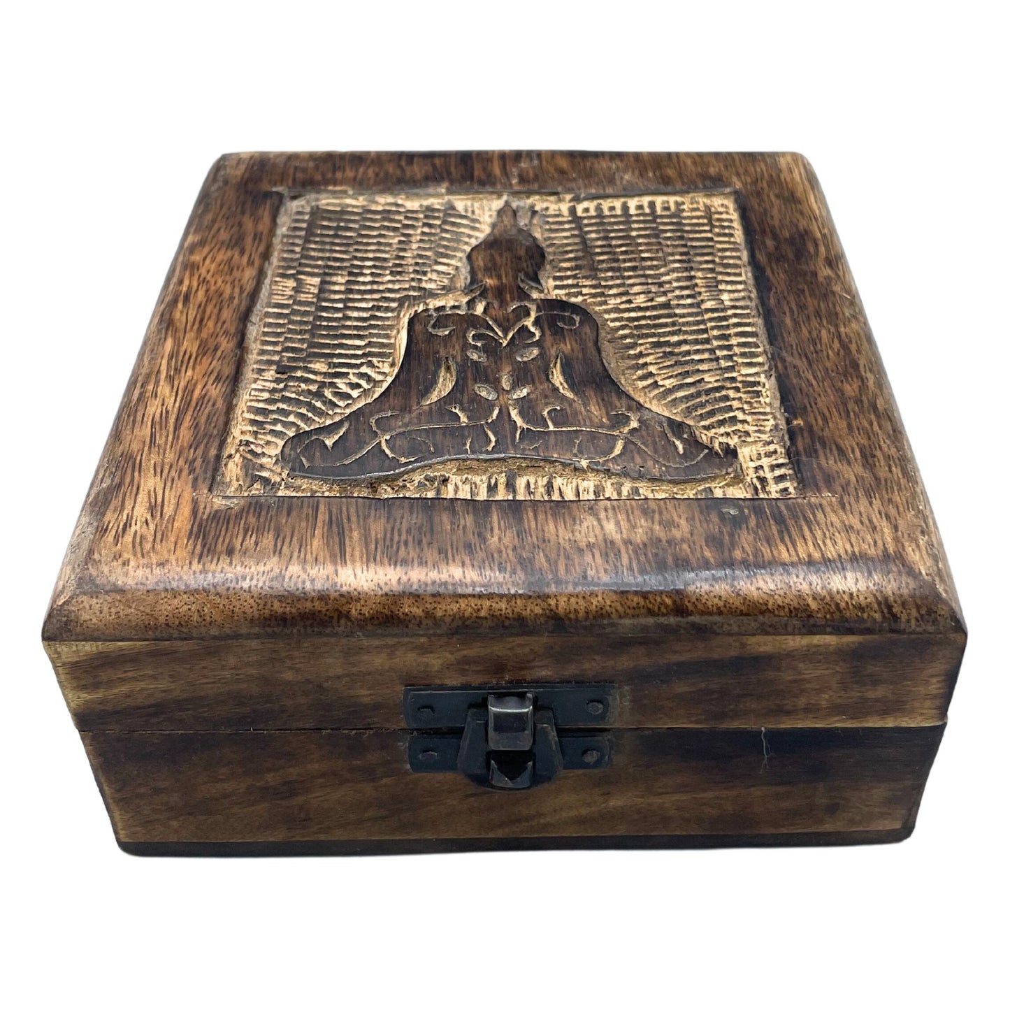 Quadratische Holz-Schatzkiste mit Buddha-Motiv