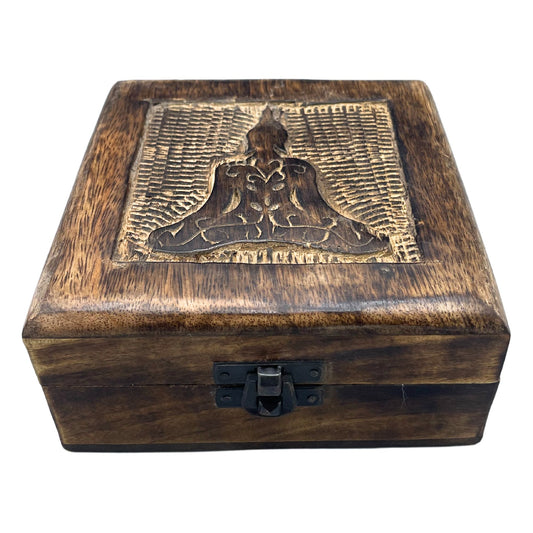 Quadratische Holz-Schatzkiste mit Buddha-Motiv