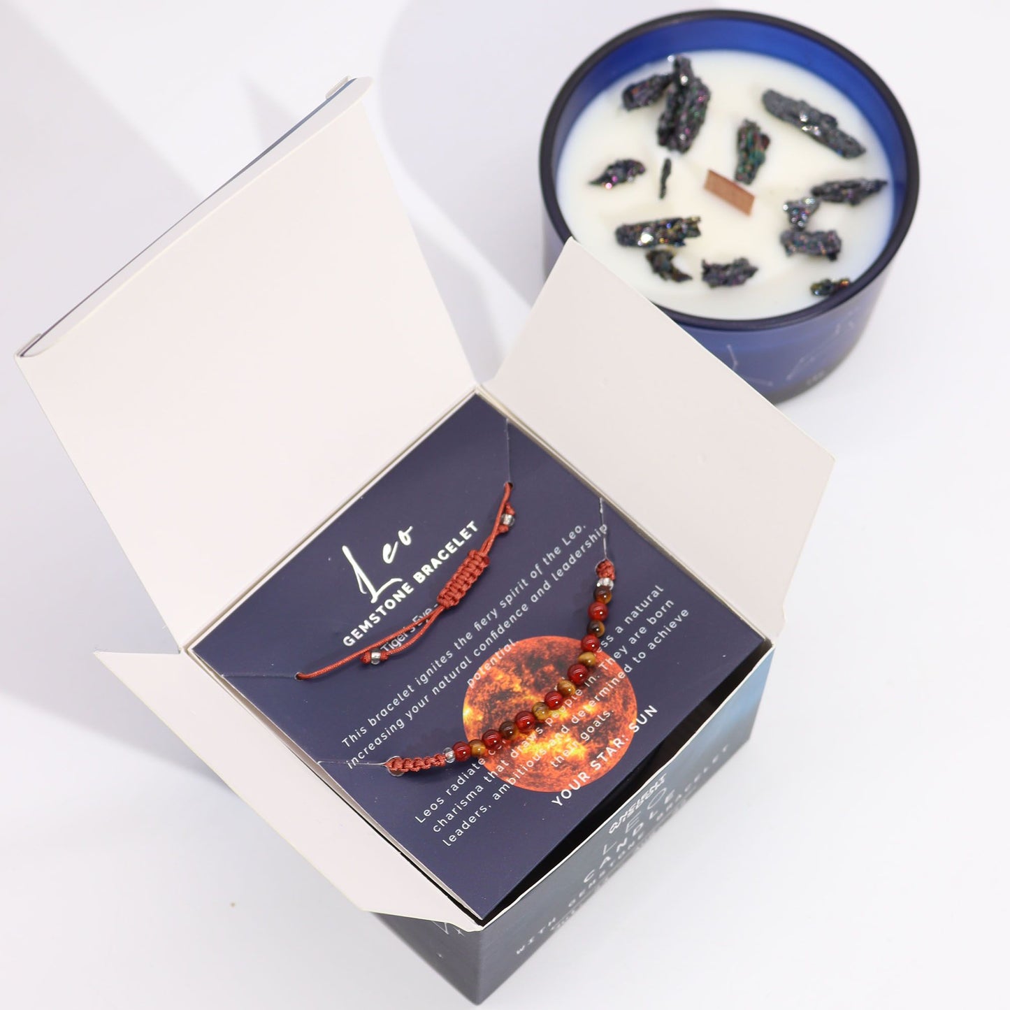 Zodiac Crystal Kerze mit Edelsteinarmband – Sternzeichen Löwe