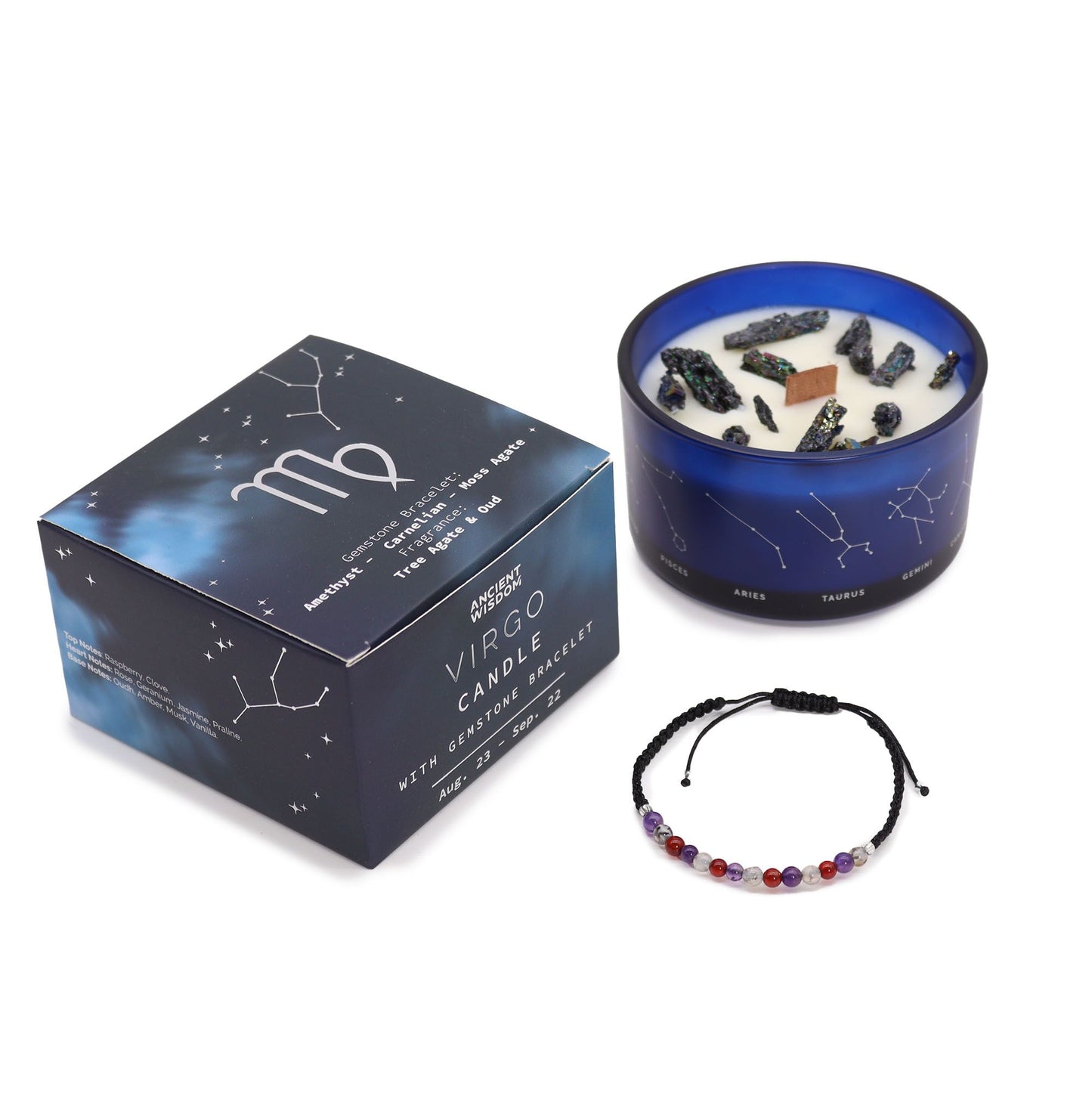Zodiac Crystal Kerze mit Edelsteinarmband – Jungfrau