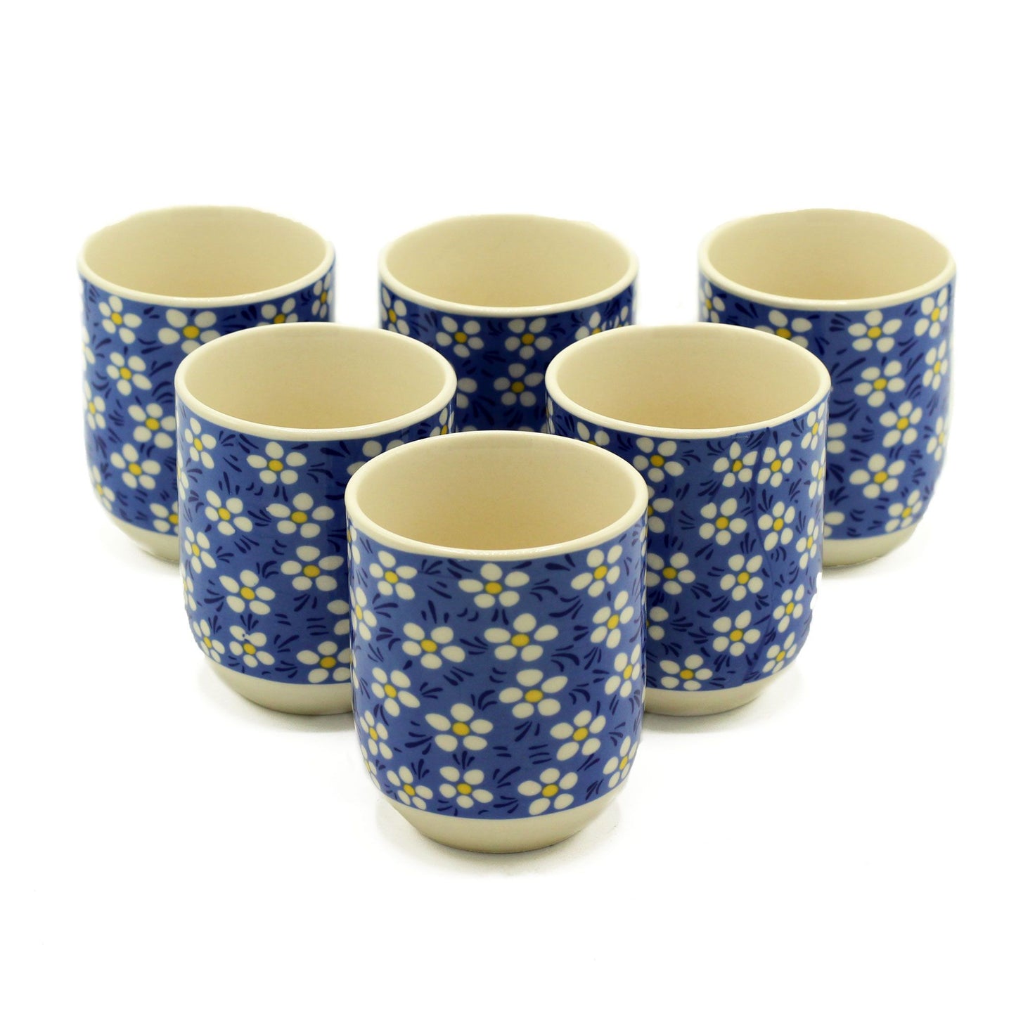 Keramik-Tee-Tassen, 6er Set, 190 ml - blaue Gänseblümchen