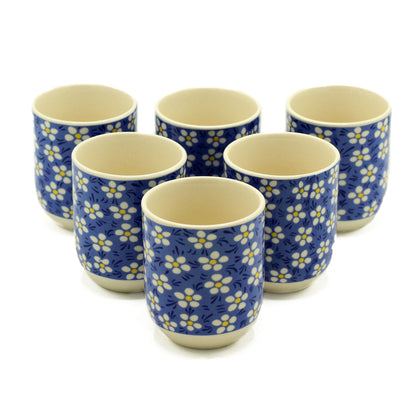 Keramik-Tee-Tassen, 6er Set, 190 ml - blaue Gänseblümchen
