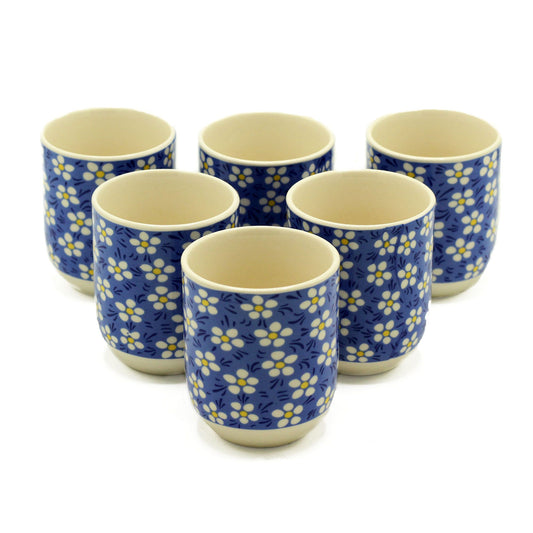 Keramik-Tee-Tassen, 6er Set, 190 ml - blaue Gänseblümchen